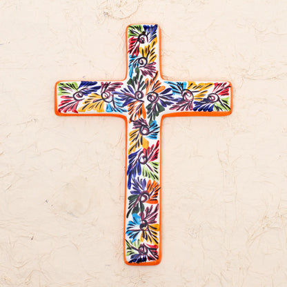 Spiritual Fireworks Artisan Crafted Multicolored Ceramic Wall Cross from Mexico