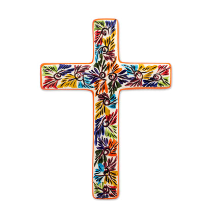 Spiritual Fireworks Artisan Crafted Multicolored Ceramic Wall Cross from Mexico