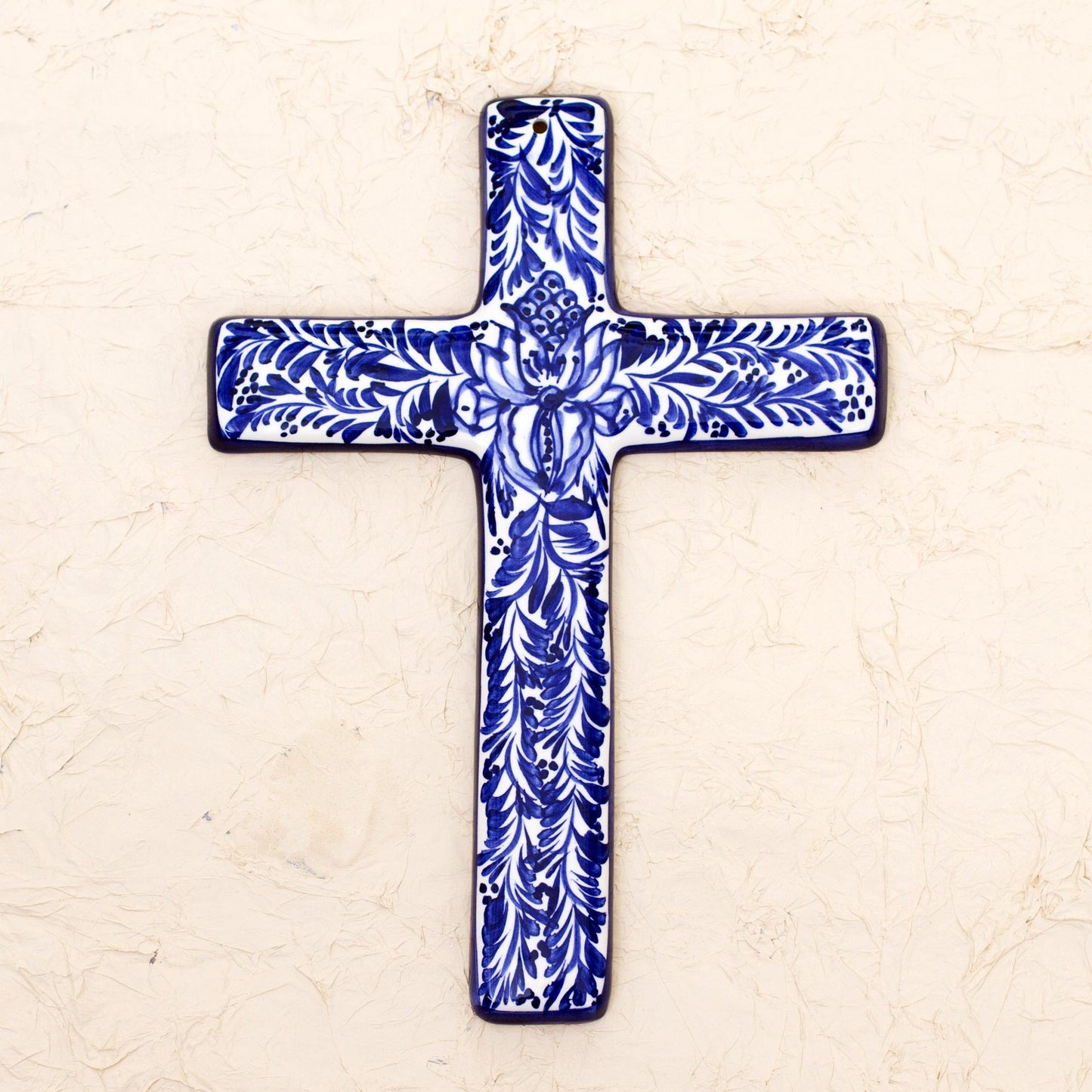 Blue Leaves Blue and Ivory Artisan Crafted Ceramic Mexican Wall Cross