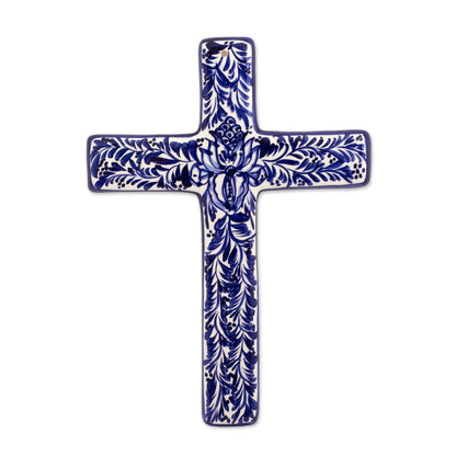 Blue Leaves Blue and Ivory Artisan Crafted Ceramic Mexican Wall Cross