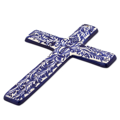 Blue Leaves Blue and Ivory Artisan Crafted Ceramic Mexican Wall Cross