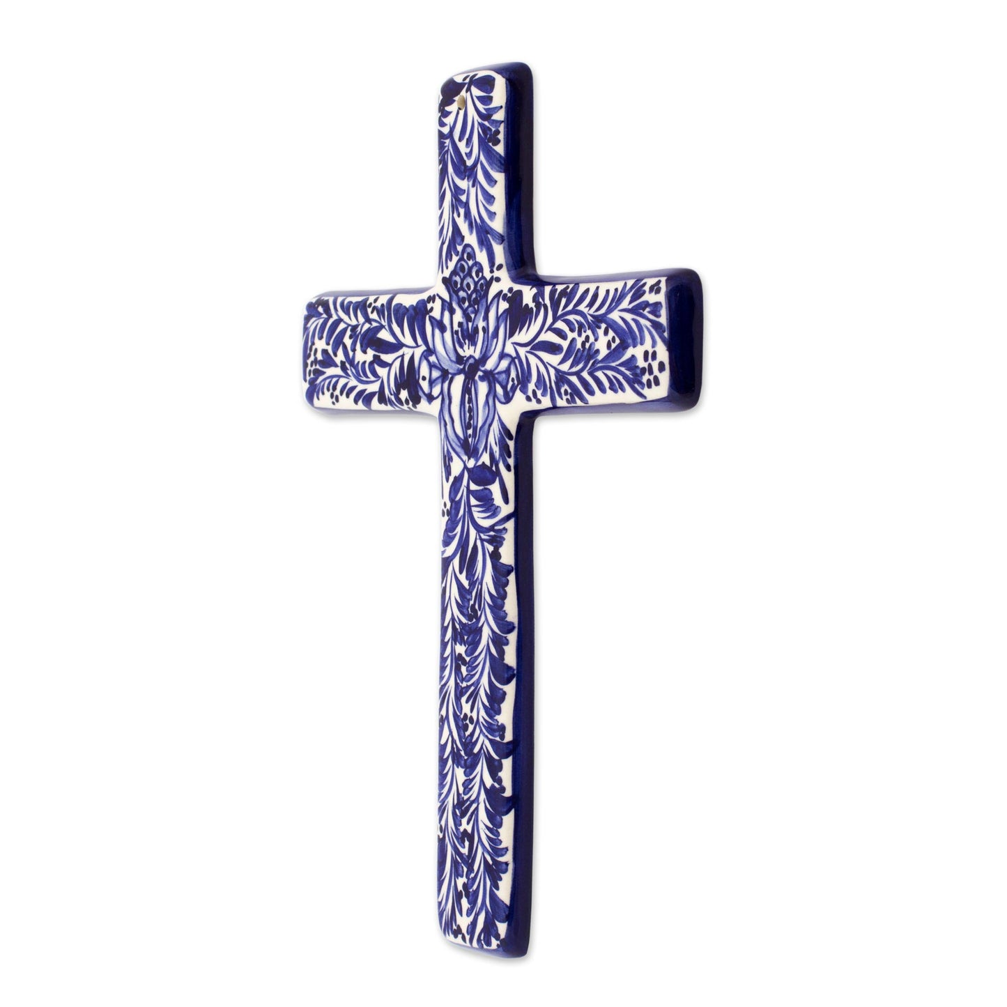 Blue Leaves Blue and Ivory Artisan Crafted Ceramic Mexican Wall Cross