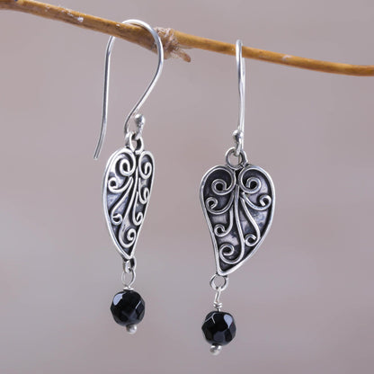 Love Leaf Sterling Silver and Onyx Leaf Dangle Earrings from Bali