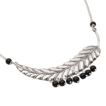 Dusky Dew Sterling Silver and Onyx Leaf Pendant Necklace from Bali