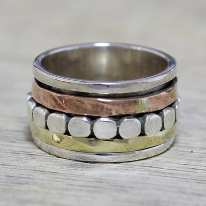 Paved Road Sterling Silver Copper and Brass Spinner Ring from India