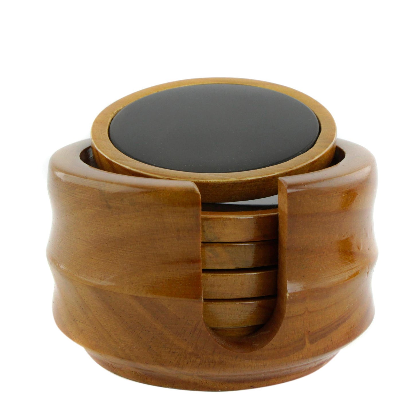 Nocturnal Wisdom Set of 6 Black Agate and Cedar Wood Coasters with Stand