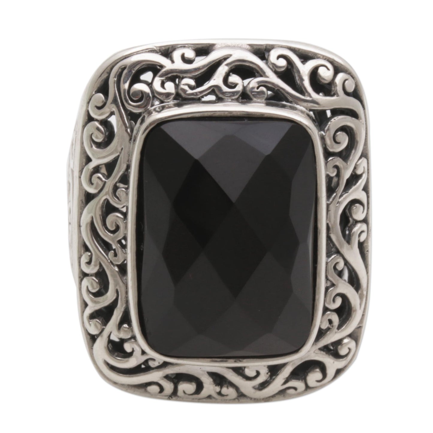 Spiraling Black Onyx Silver Cocktail Ring