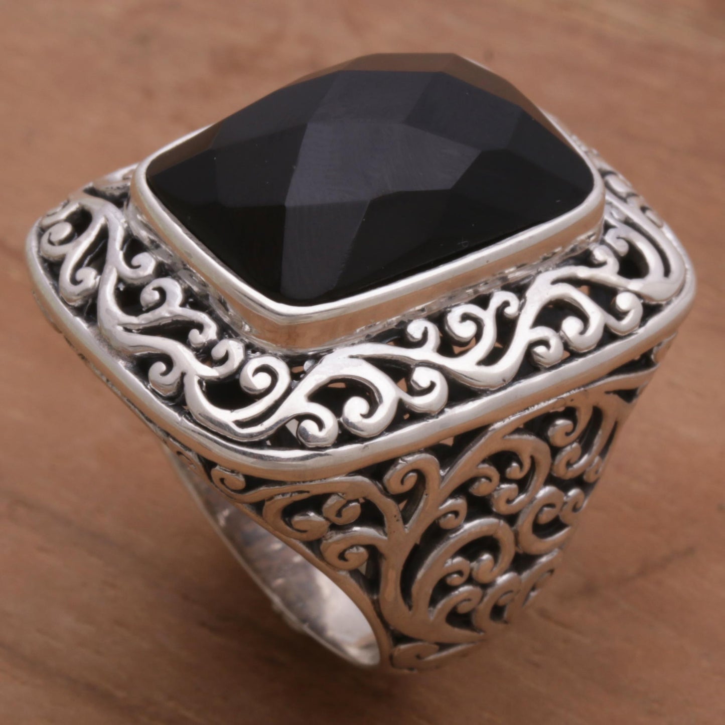 Spiraling Black Onyx Silver Cocktail Ring