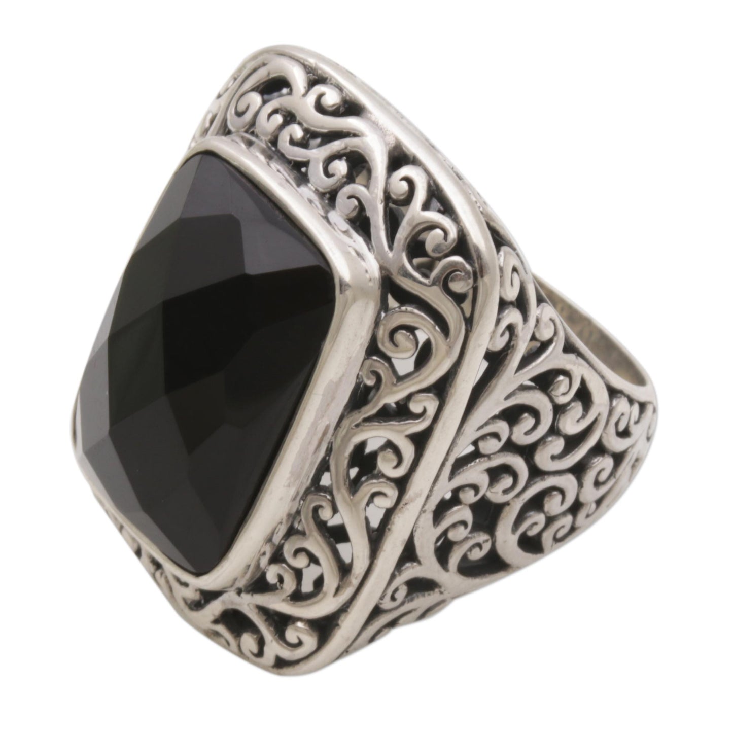 Spiraling Black Onyx Silver Cocktail Ring