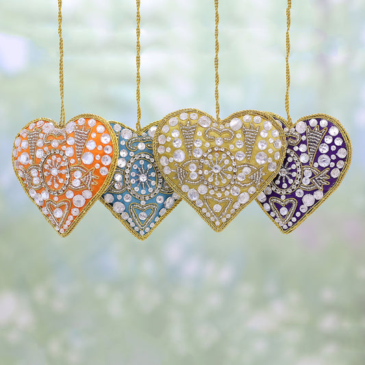 Colorful Hearts 4 Heart Shaped Multicolored Embroidered Ornaments from India