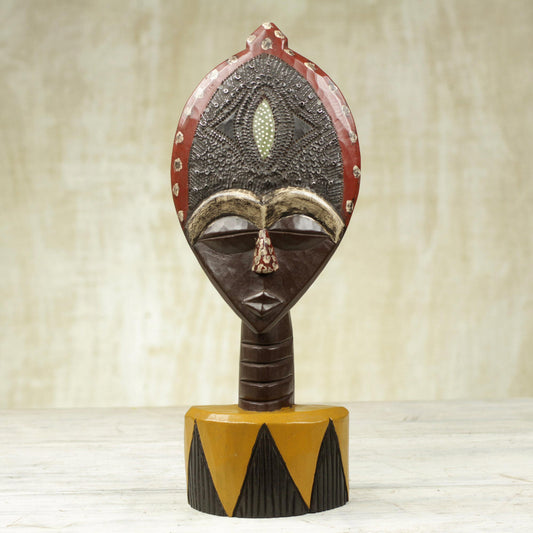 Biakoye Mask Ghanaian Sese Wood Mask Sculpture with Aluminum Plating