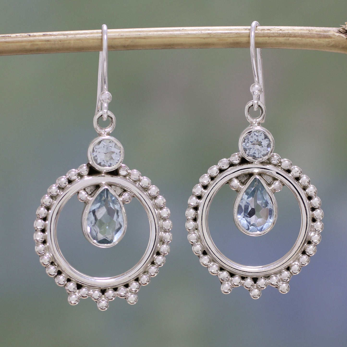 Regal Circles Blue Topaz and Sterling Silver Dangle Earrings from India