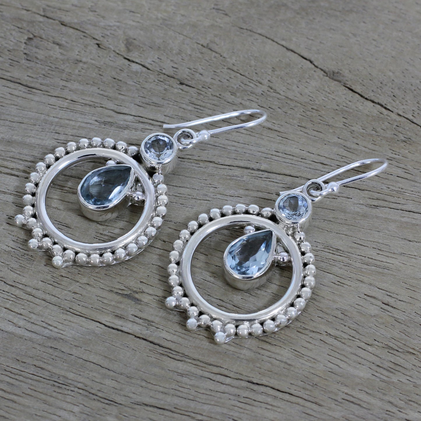 Regal Circles Blue Topaz and Sterling Silver Dangle Earrings from India