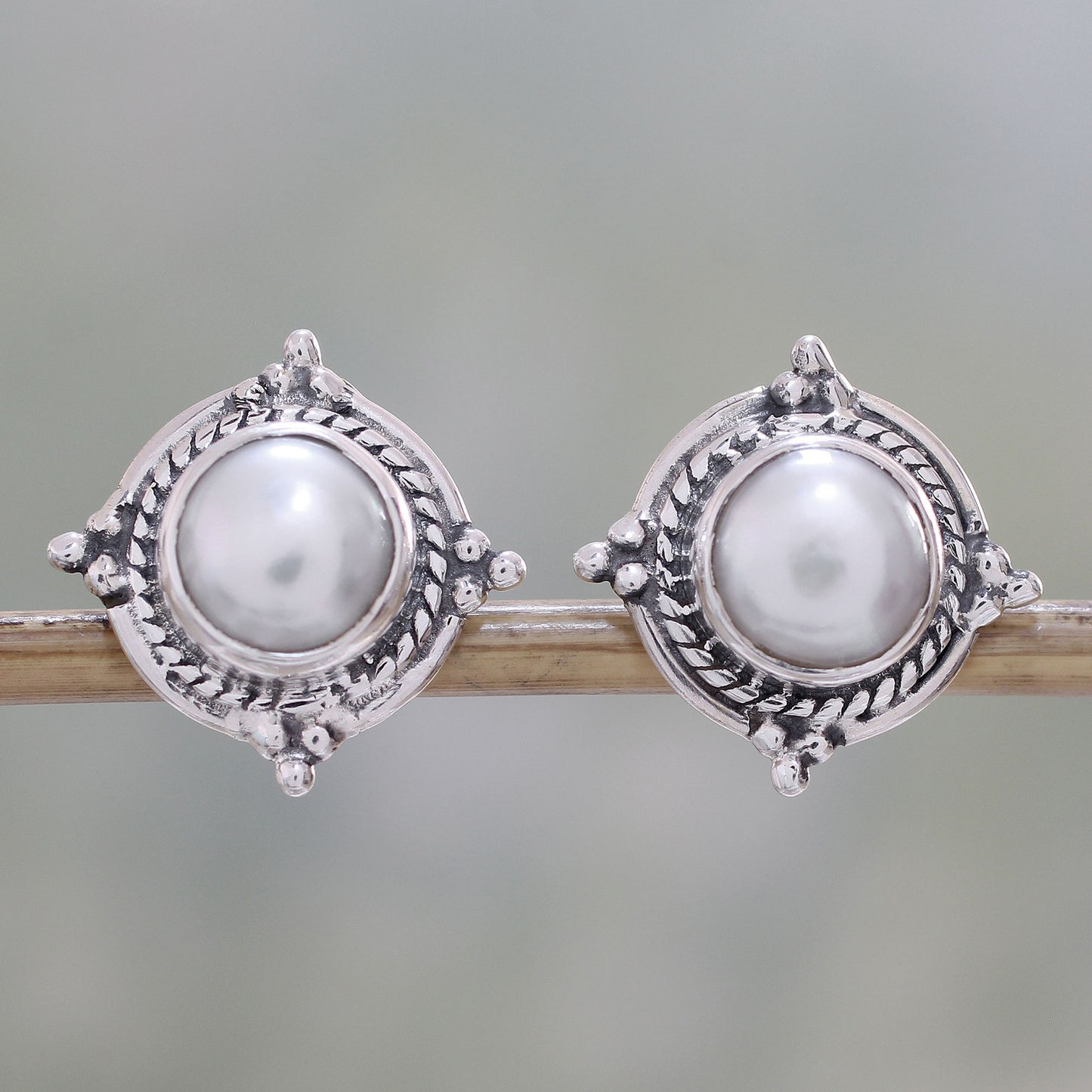 Morning Crowns Cultured Pearl and Sterling Silver Earrings from India