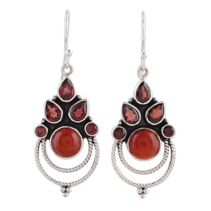 Radiant Harmony Garnet and Carnelian Dangle Earrings by Indian Artisans