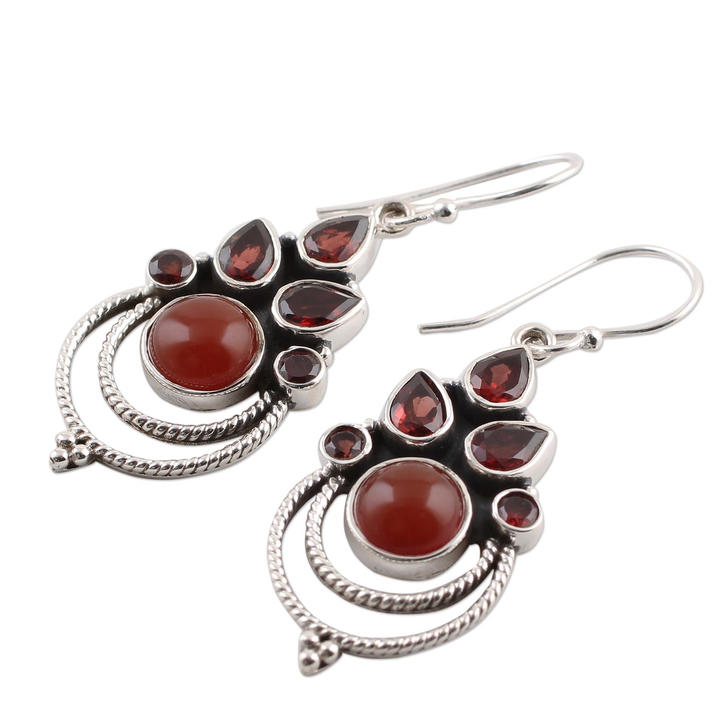 Radiant Harmony Garnet and Carnelian Dangle Earrings by Indian Artisans