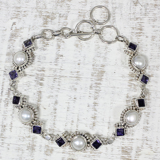 Blue Palace Iolite and Cultured Pearl Link Bracelet from India