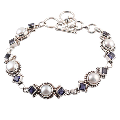 Blue Palace Iolite and Cultured Pearl Link Bracelet from India