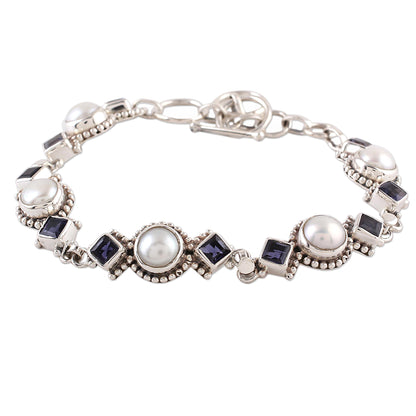 Blue Palace Iolite and Cultured Pearl Link Bracelet from India