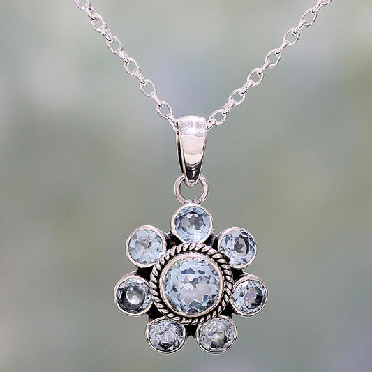 Morning Glitter Blue Topaz and Sterling Silver Pendant Necklace from India