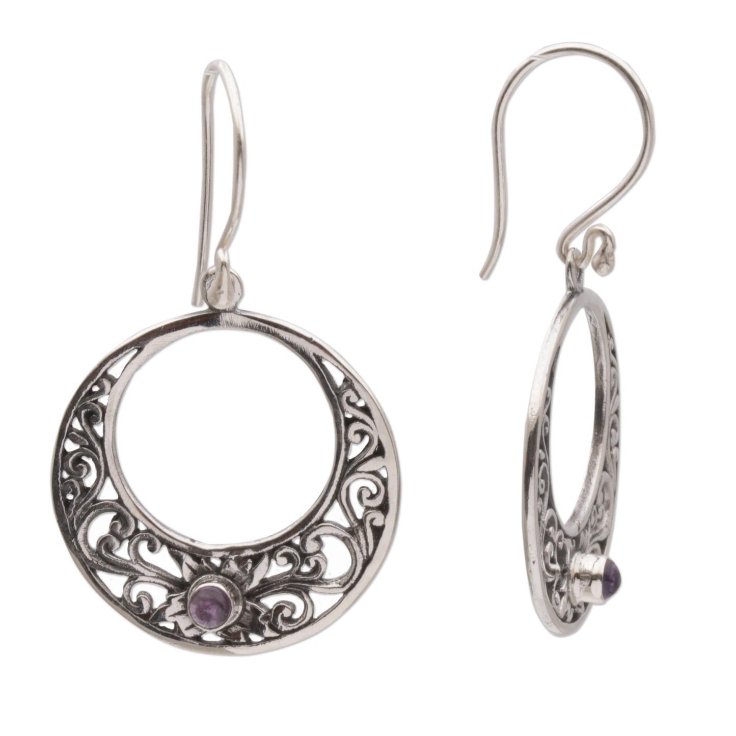 Crescent Spirals Amethyst and 925 Sterling Silver Dangle Earrings from Bali