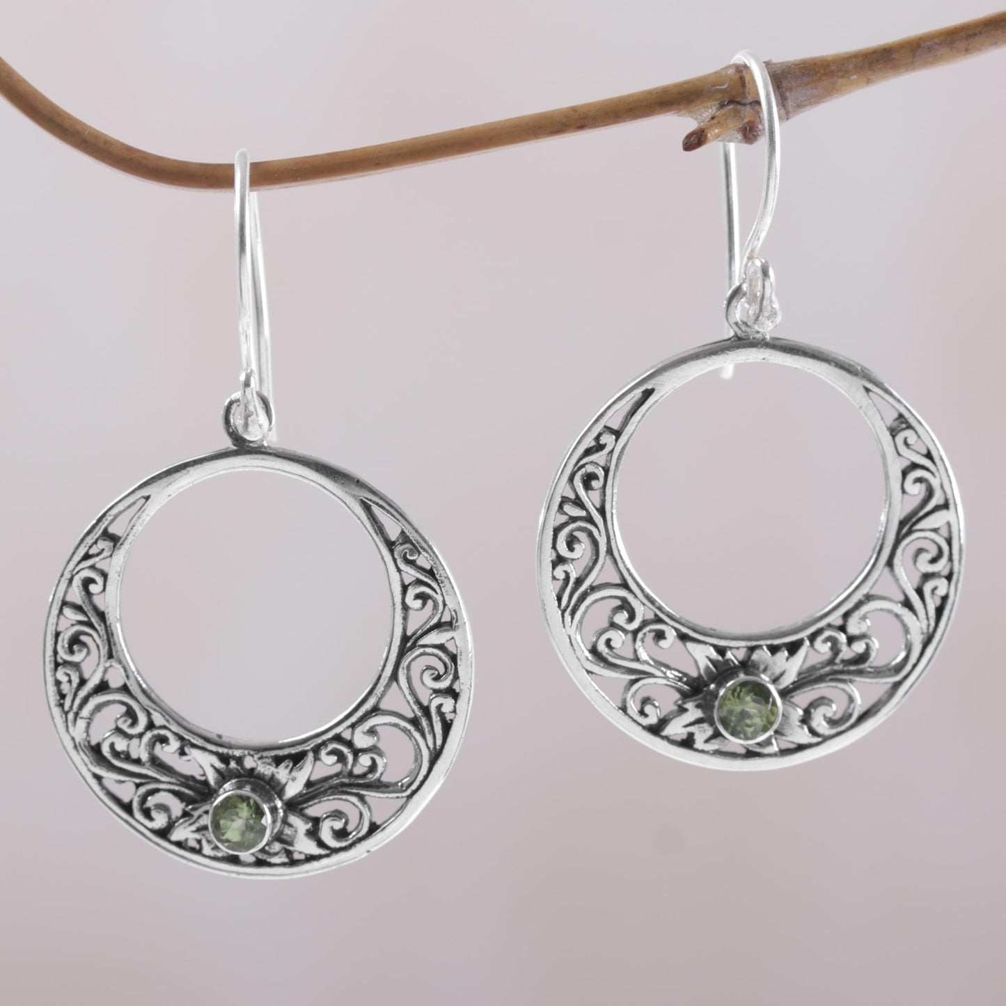 Crescent Spirals Peridot and 925 Sterling Silver Dangle Earrings from Bali