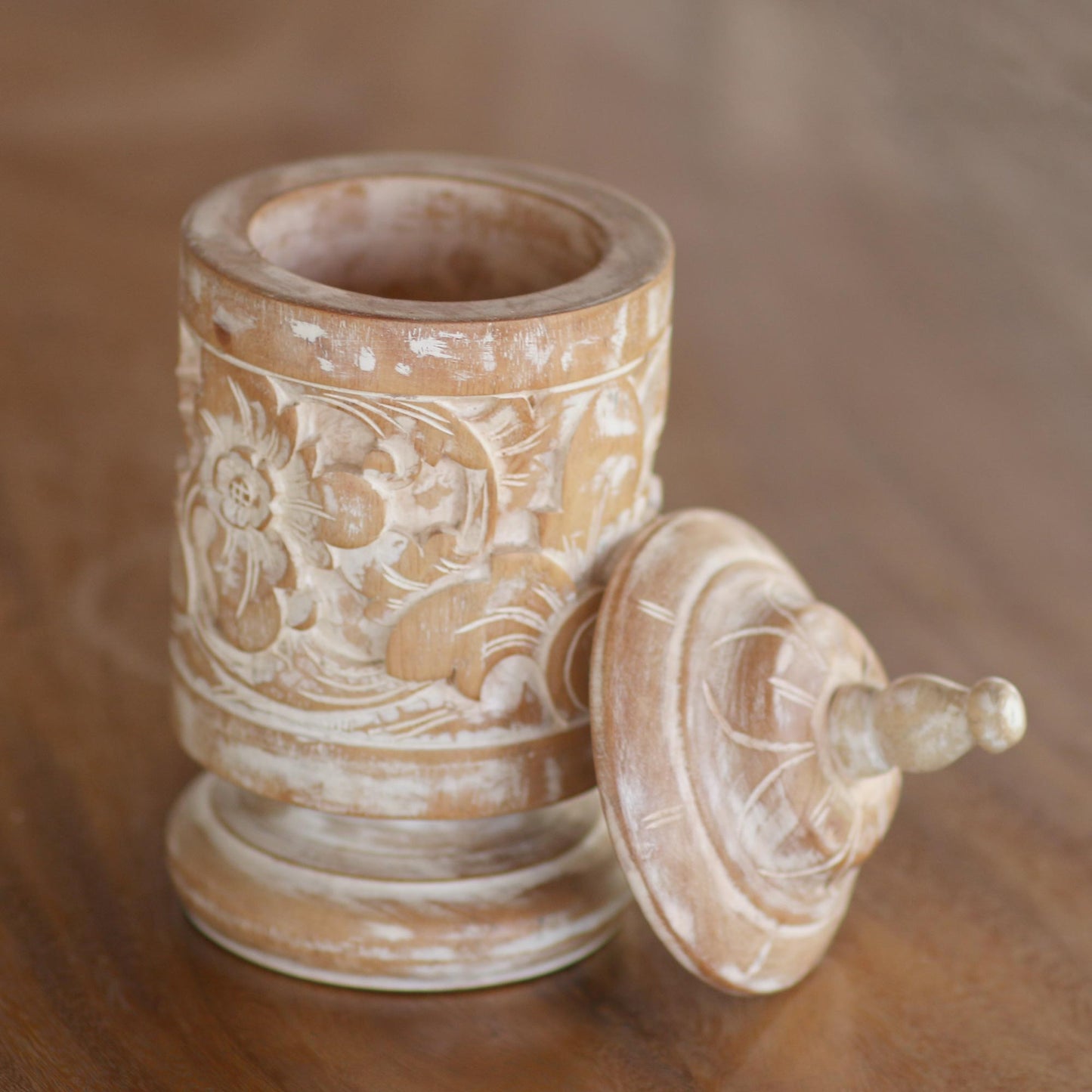 Antique Flower Mahogany Wood Cylindrical Decorative Jar with Floral Motifs