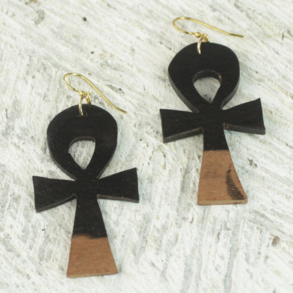 Life Ankhs Ebony Wood Ankh Cross Dangle Earrings from Ghana