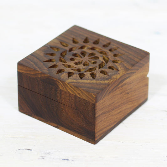 Glorious Flower Hand Carved Decorative Mango Wood Box from India