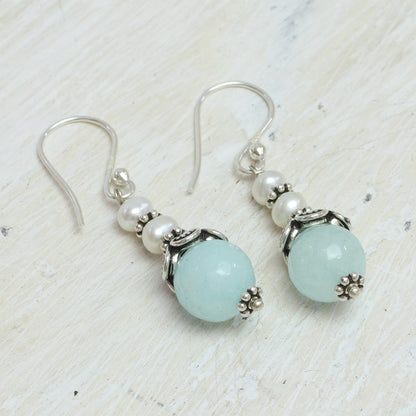 Crowning Glory Aqua Aventurine and Cultured Pearl Dangle Earrings