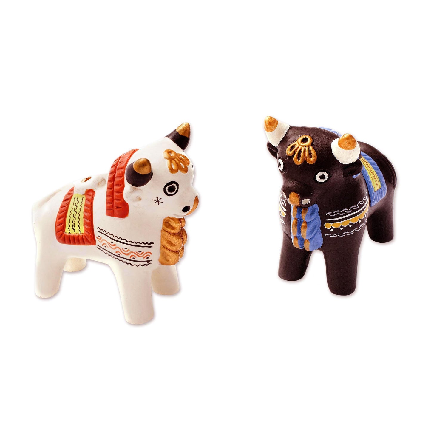 Little Bulls of Pucara Ornate Brown and White Andean Bull Figurines (Pair)