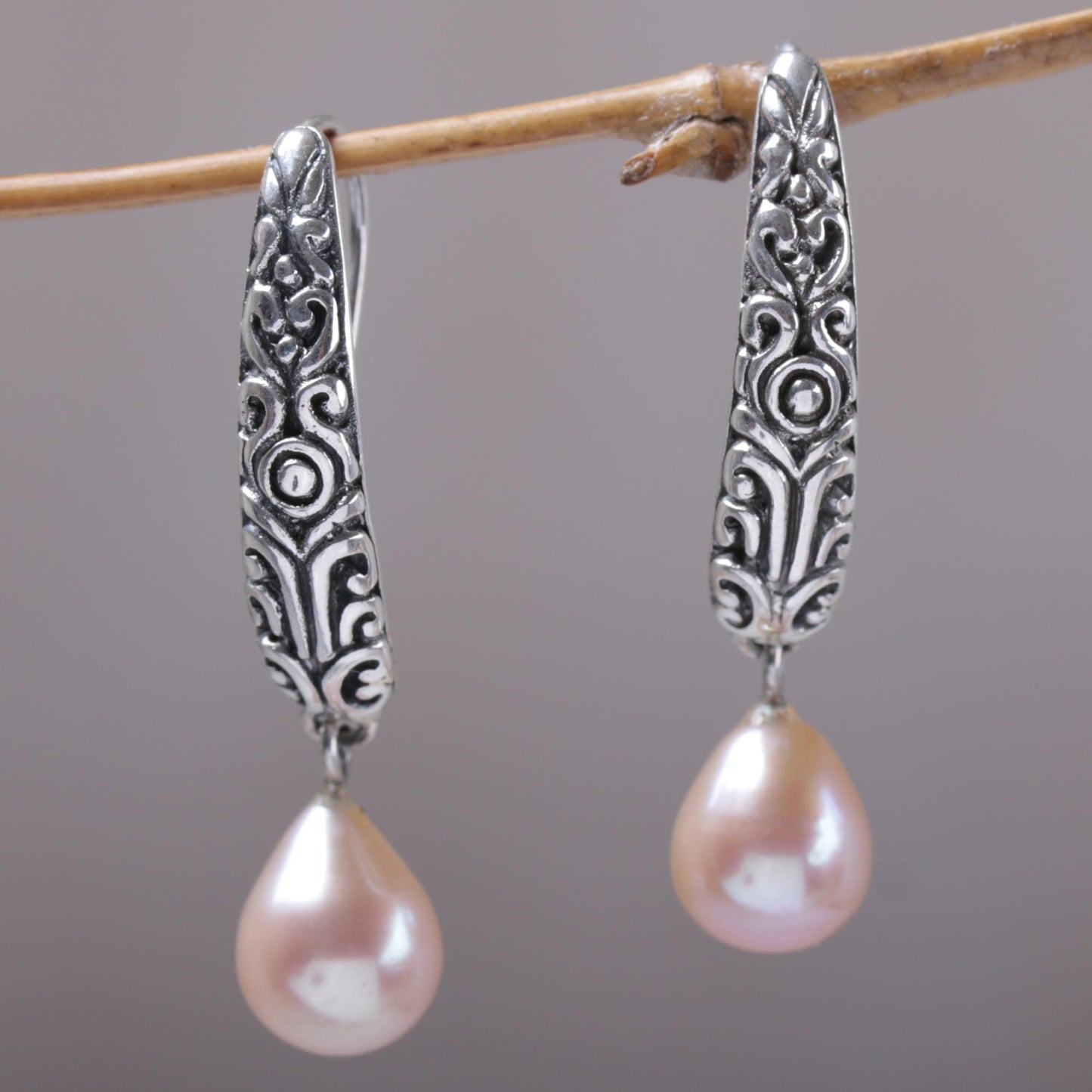 Drops of Honey Dyed Pearl & Silver Dangle Earrings