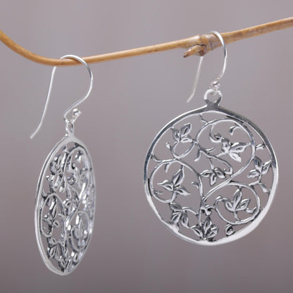 Vine Rings Sterling Silver Vine Motif Dangle Earrings from Bali