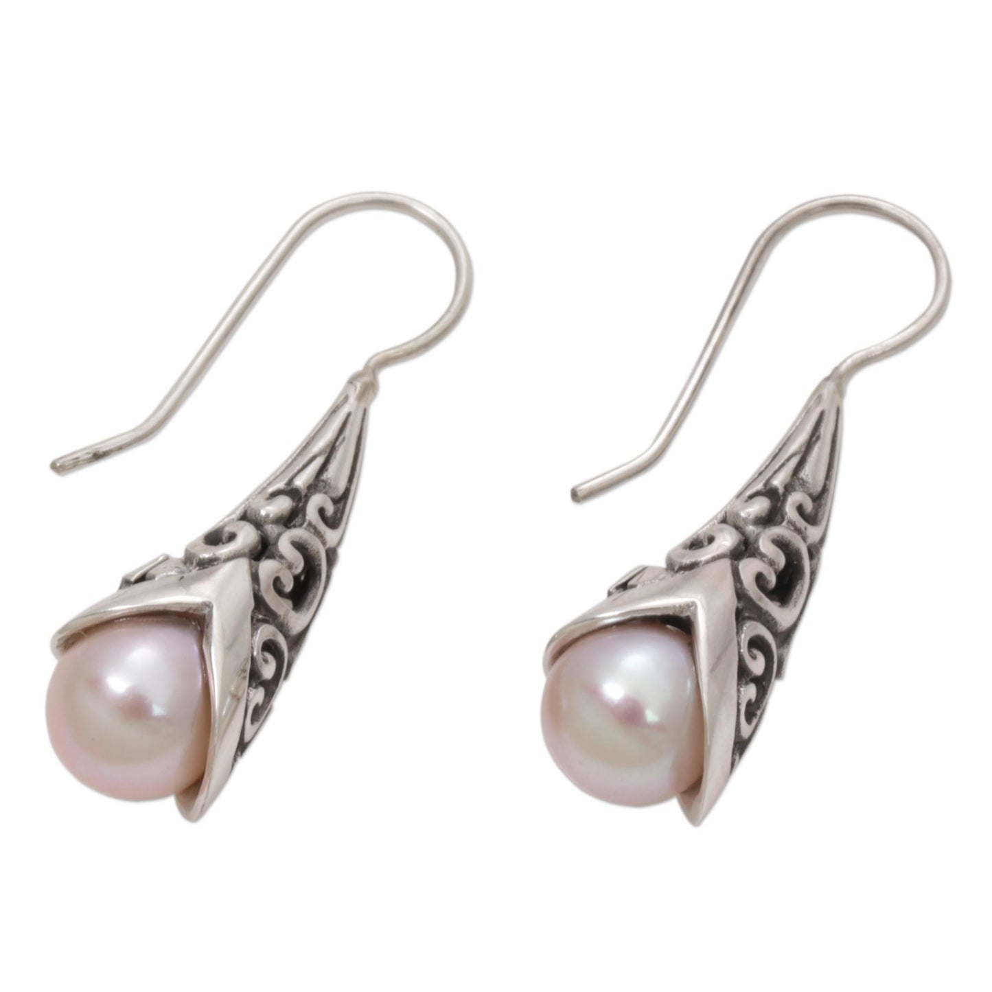 Emerging Beauty in Peach Cultured Pearl and Sterling Silver Drop Earrings from Bali