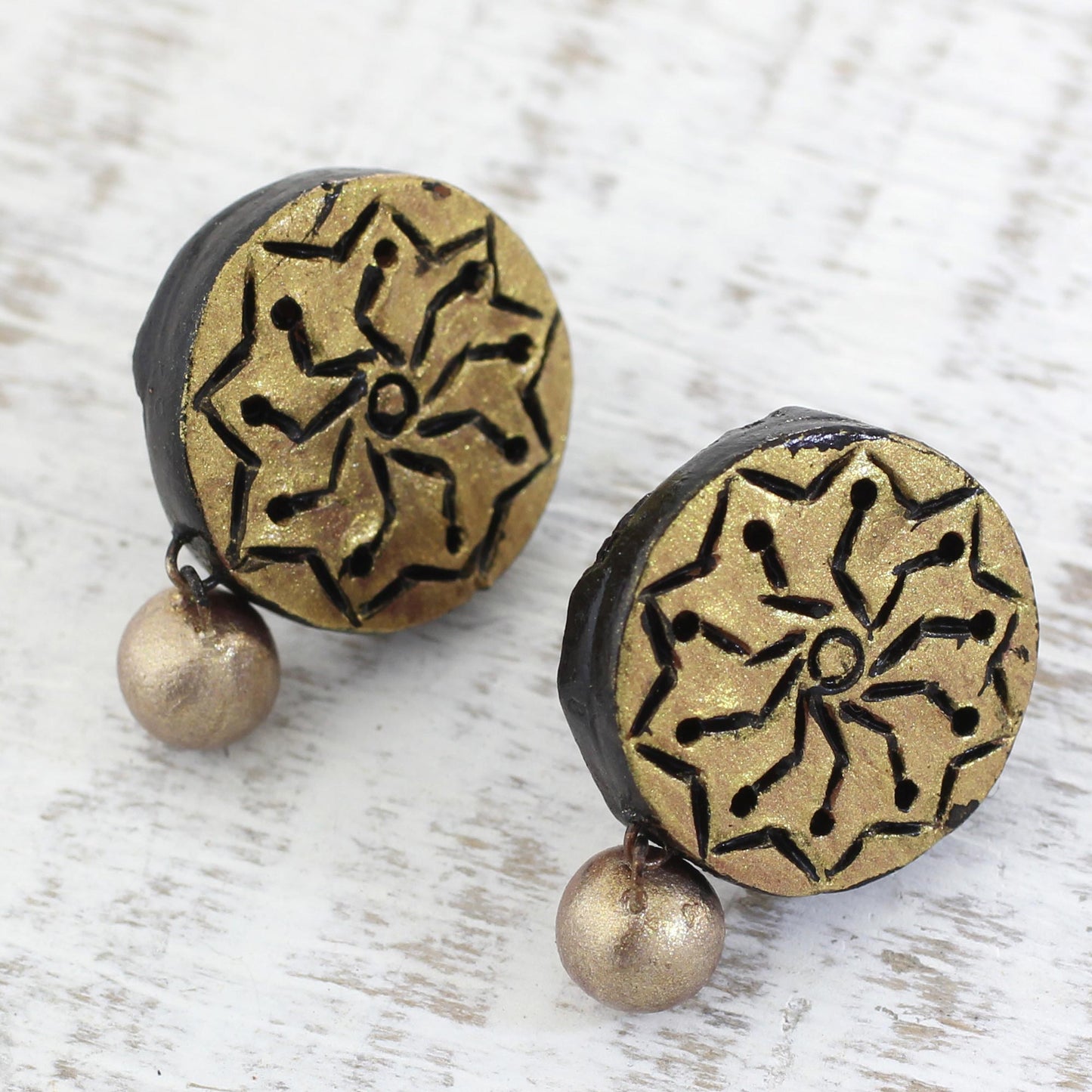 Golden Floral Gold Tone Floral Ceramic Dangle Earrings by Indian Artisans