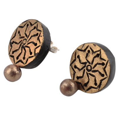 Golden Floral Gold Tone Floral Ceramic Dangle Earrings by Indian Artisans