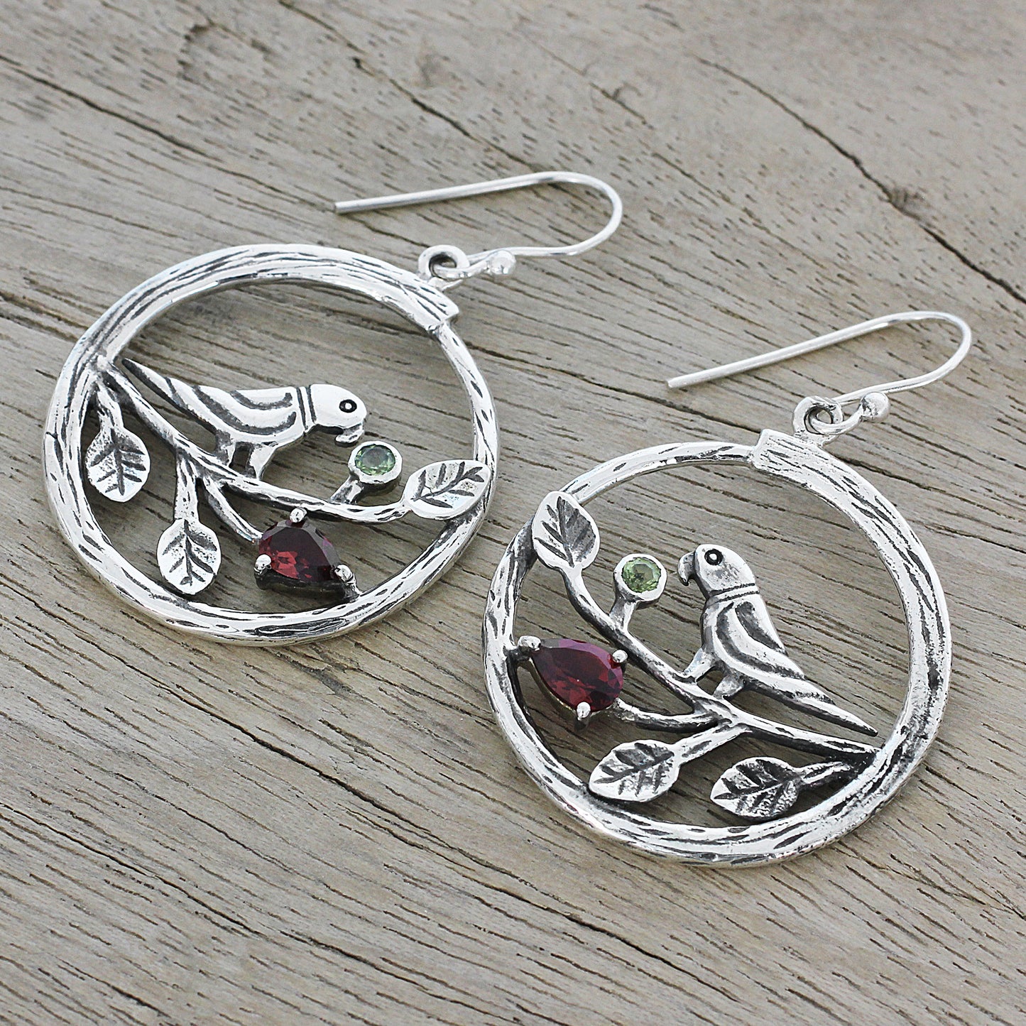 Parrot Song Garnet and Peridot Parrot Dangle Earrings from India