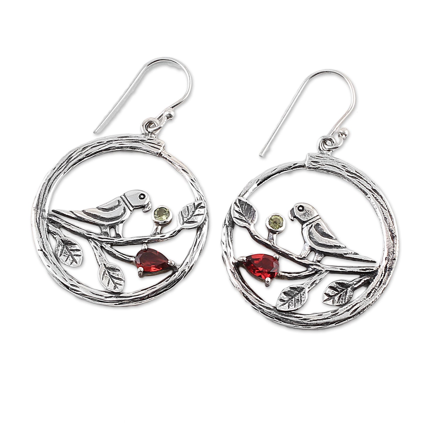 Parrot Song Garnet and Peridot Parrot Dangle Earrings from India