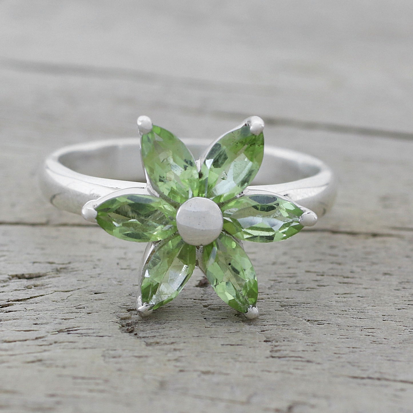 Sparkling Daisy Peridot and Sterling Silver Floral Ring from India