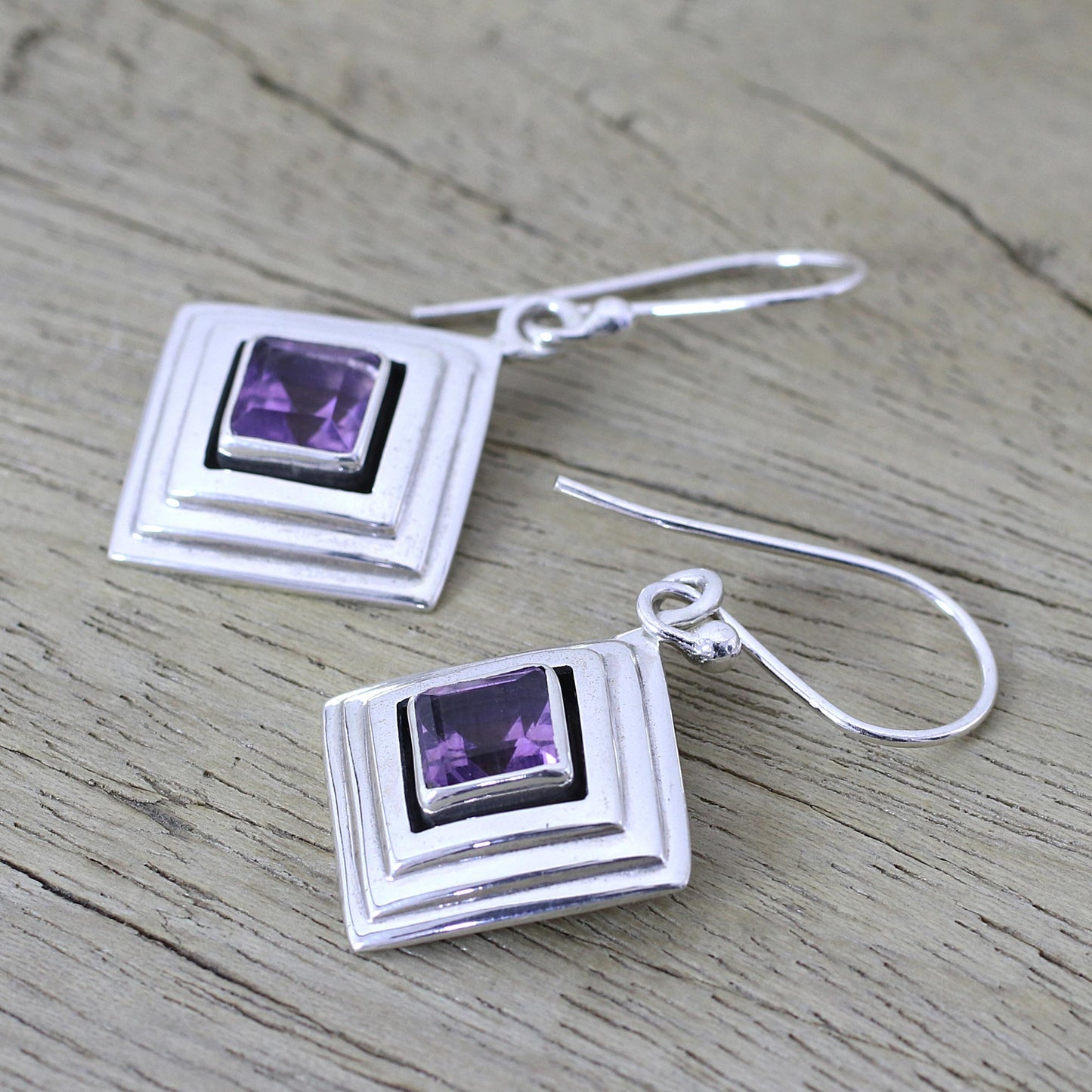 Feminine Purple Amethyst and Sterling Silver Modern Earrings from India