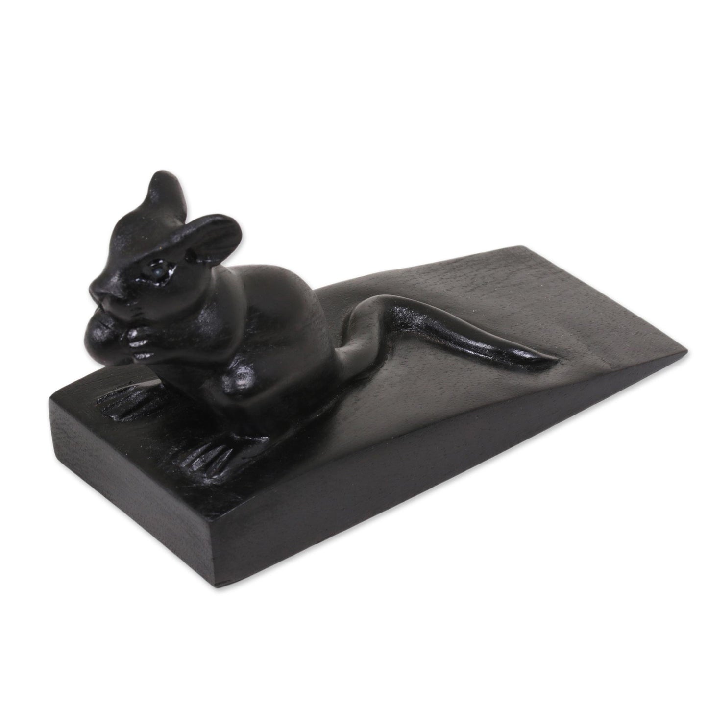 Charming Mouse in Black Hand Carved Suar Wood Mouse Door Stopper in Black from Bali