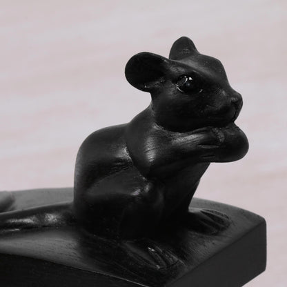 Charming Mouse in Black Hand Carved Suar Wood Mouse Door Stopper in Black from Bali