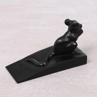 Charming Mouse in Black Hand Carved Suar Wood Mouse Door Stopper in Black from Bali