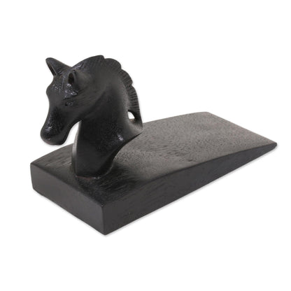 Handy Horse in Black Hand Carved Suar Wood Horse Door Stopper in Black from Bali