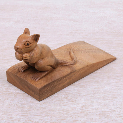 Charming Mouse in Brown Wood Door Stopper