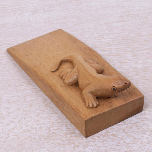 Handy Gecko in Brown Hand Carved Suar Wood Lizard Door Stopper in Brown from Bali