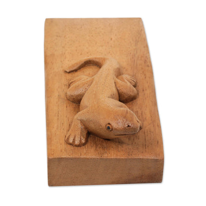 Handy Gecko in Brown Hand Carved Suar Wood Lizard Door Stopper in Brown from Bali