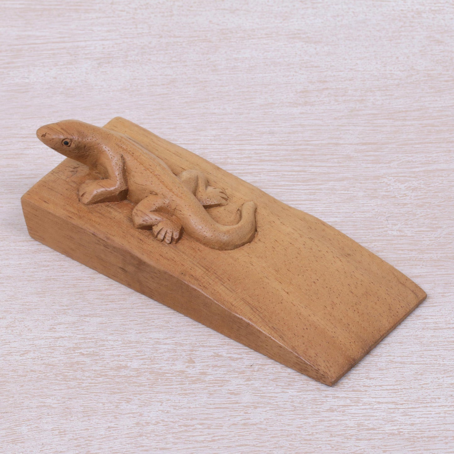 Handy Gecko in Brown Hand Carved Suar Wood Lizard Door Stopper in Brown from Bali