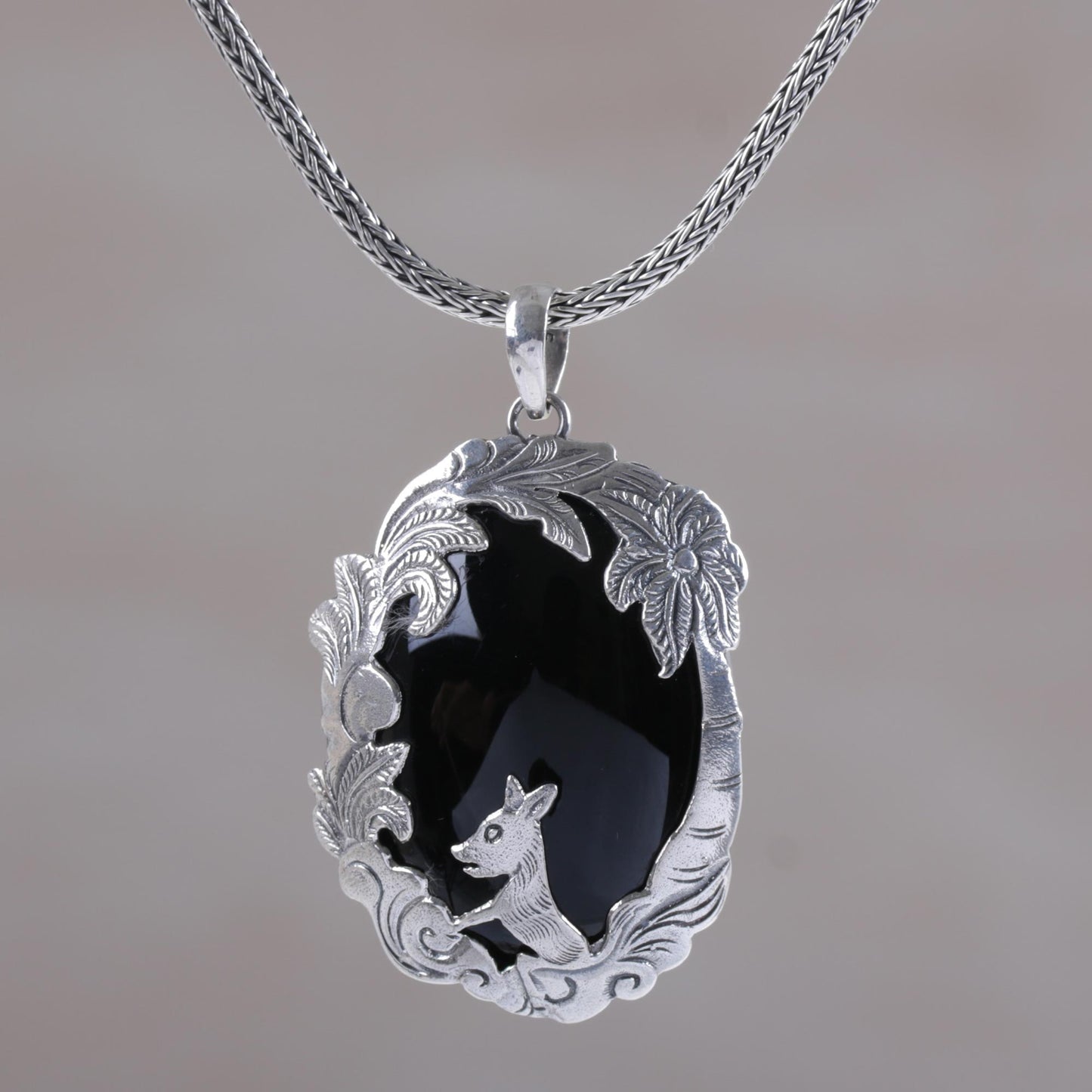 Wondrous Garden Animal-Themed Silver and Onyx Pendant Necklace from Bali