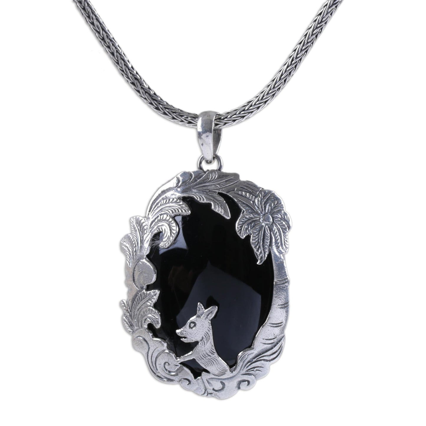 Wondrous Garden Animal-Themed Silver and Onyx Pendant Necklace from Bali